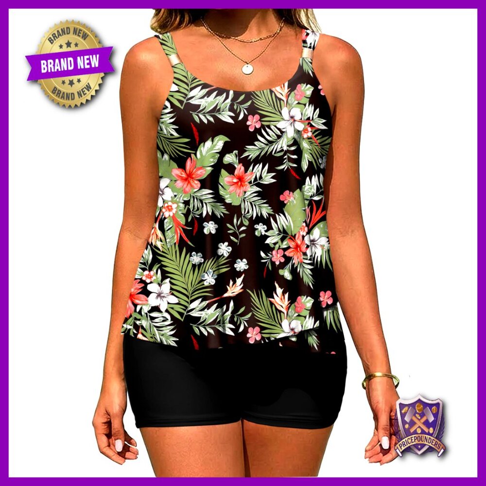 Two Piece Tankini Set High Waisted Swim Shorts with Pockets Ruffle Hem